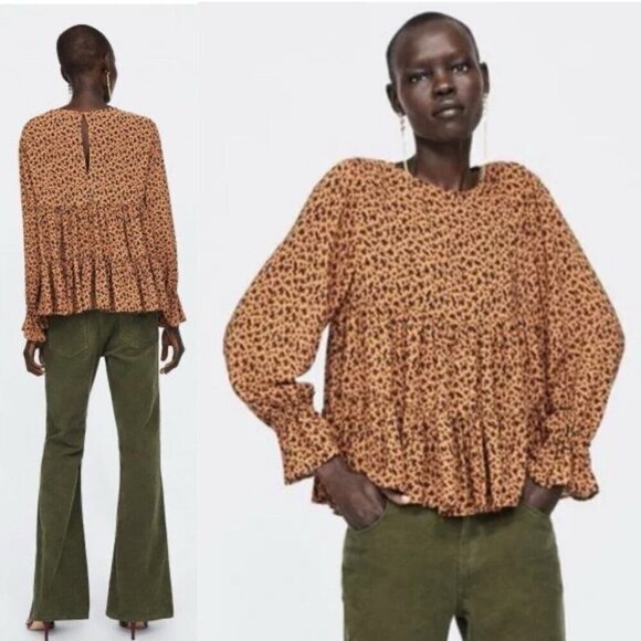 Zara Blouse Tiered Animal Print Long Sleeve Gauze Crepe Lightweight Neutral Sz M - Picture 4 of 16